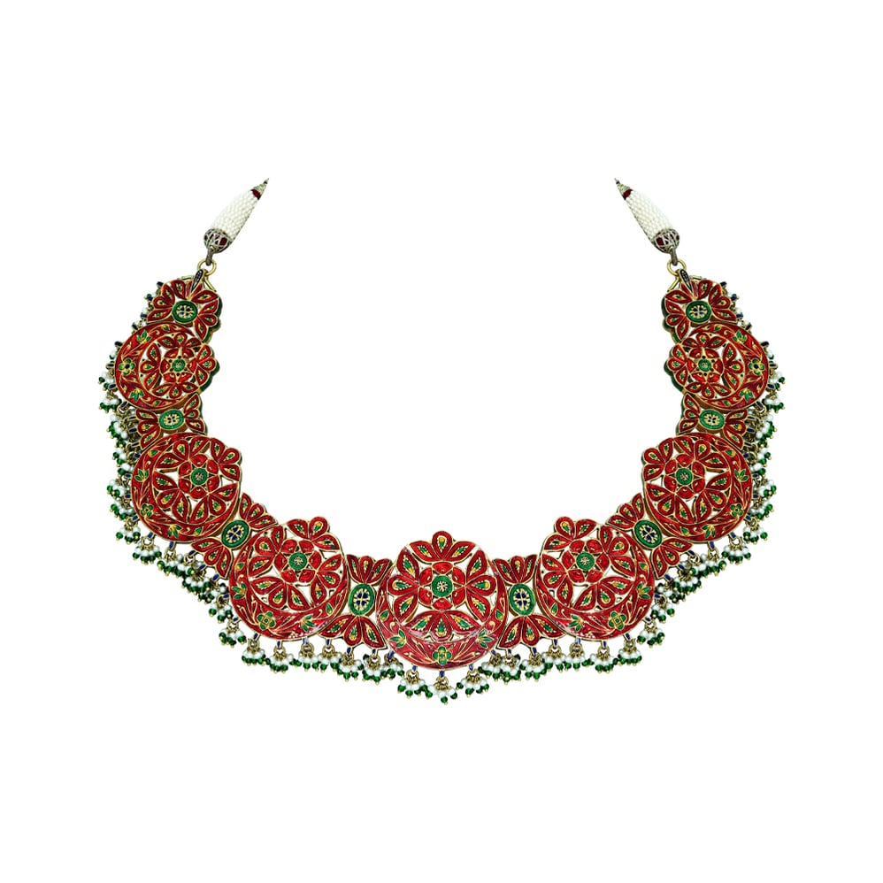 Crescent Polki Necklace Set with Red Talaf, Emeralds, and Pearls